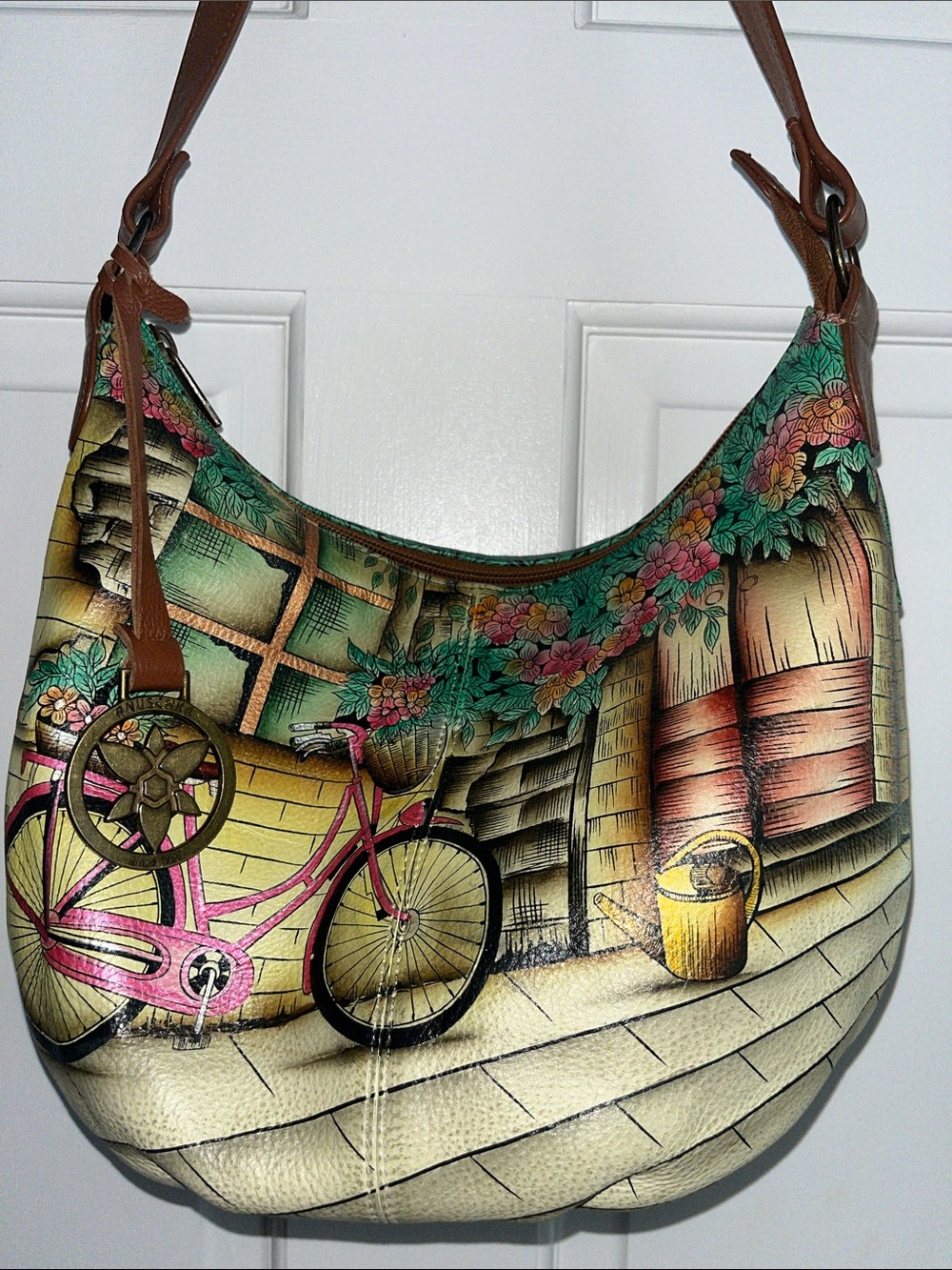 Anuschka Hand-Painted Floral Bicycle Leather Hobo Bag
